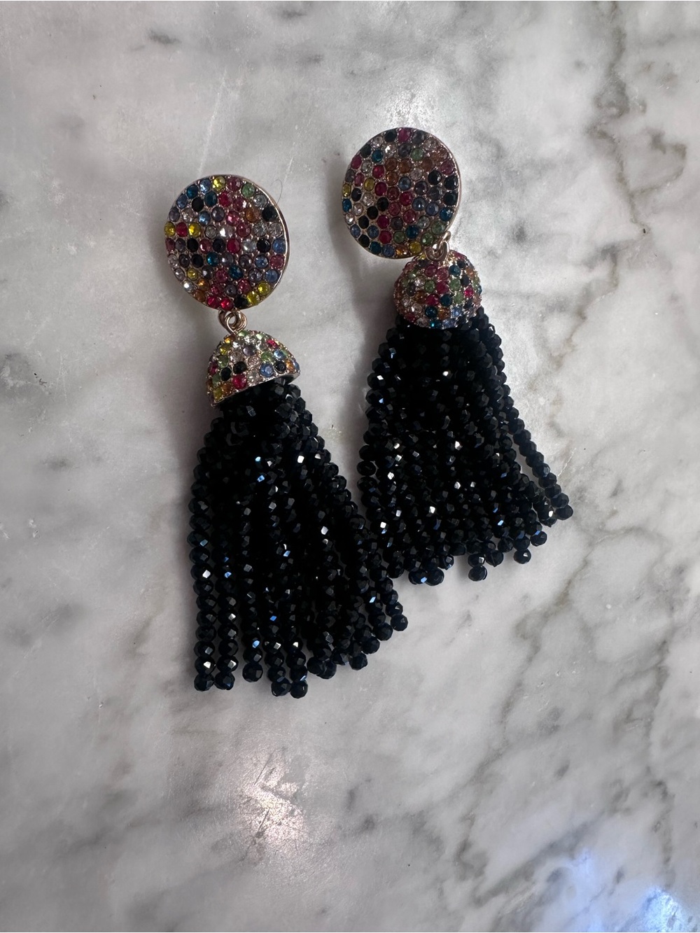 BaubleBar Black Beaded Tassel Earrings with Multicolor Crystal Tops